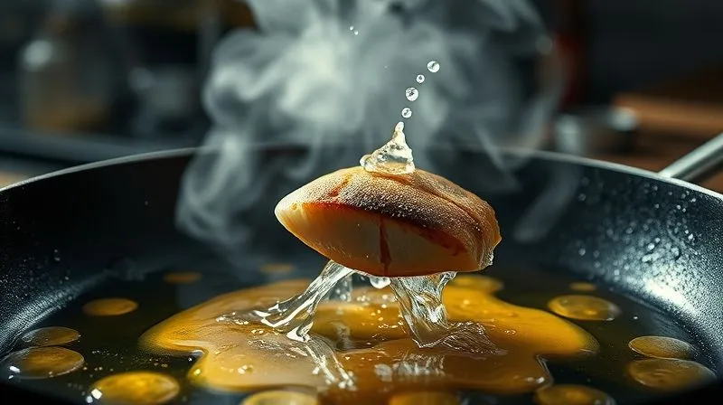 Photorealistic close-up of a sizzling frying pan with too much oil, steam rising, and a piece of fish being dropped in, creating a dramatic splash. The background is a slightly blurred kitchen. Cinematic lighting, sharp focus on the oil and splash, 8K hyper-detailed.
