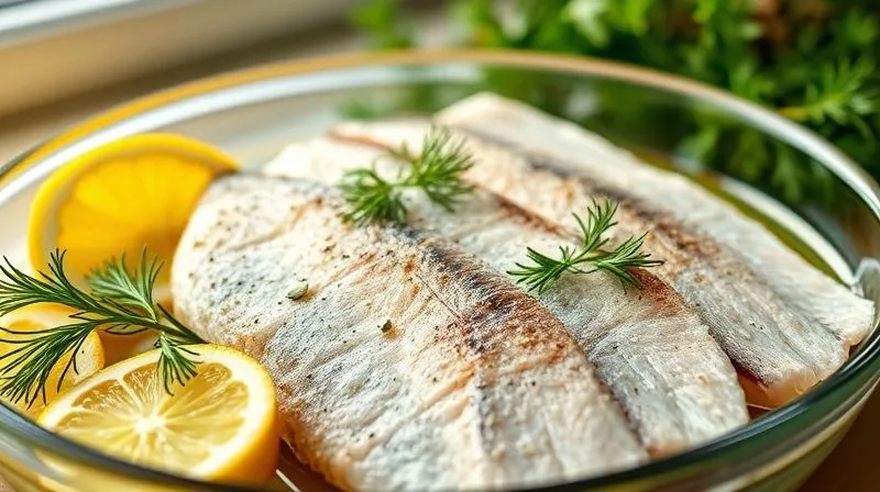 A close-up, photorealistic image of fresh zander fillets marinating in a glass dish with lemon slices, fresh dill, and olive oil. Soft, natural light from a kitchen window illuminates the scene, creating a healthy and fresh atmosphere. Sharp focus on the fish and herbs, with a shallow depth of field. Shot on a high-end DSLR, 8K hyper-detailed.