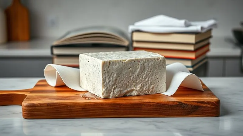 Photorealistic, professional photography, 8K, cinematic lighting, sharp focus on a block of extra firm tofu being pressed between two cutting boards, with heavy cookbooks on top, excess water visibly seeping into paper towels, against a clean, minimalist kitchen background, depth of field, shot on a high-end DSLR, emphasizing preparation and precision.
