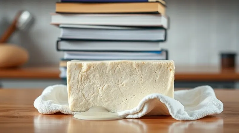 photorealistic, professional photography, 8K, cinematic lighting, sharp focus on a block of extra-firm tofu being pressed under a stack of heavy cookbooks on a clean kitchen counter, with excess water visibly being absorbed by a white kitchen towel, depth of field blurring the background, shot on a high-end DSLR.