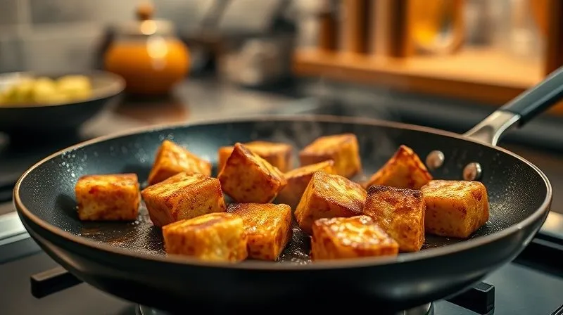 photorealistic, professional photography, 8K, cinematic lighting, sharp focus on golden-brown, crispy fried tofu pieces sizzling on a hot, non-stick pan, with minimal oil visible, steam gently rising, depth of field blurring the background of a modern kitchen, shot on a high-end DSLR.