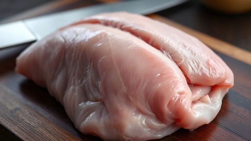 Photorealistic close-up of a raw duck breast with a finely scored skin and fat layer, ready for cooking, on a dark wooden cutting board with a sharp chef's knife in the background. Cinematic lighting, sharp focus on the scored skin, depth of field blurring the background, 8K hyper-detailed, professional photography, shot on a high-end DSLR.