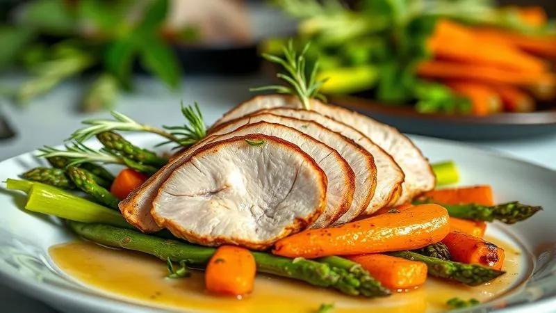 Photorealistic close-up of a perfectly cooked, thinly sliced duck breast served on a bed of vibrant green asparagus and roasted baby carrots, garnished with fresh rosemary and a light, clear reduction sauce. The setting is a bright, modern dining table. Cinematic lighting, sharp focus on the duck and vegetables, depth of field blurring the background, 8K hyper-detailed, professional photography, shot on a high-end DSLR.