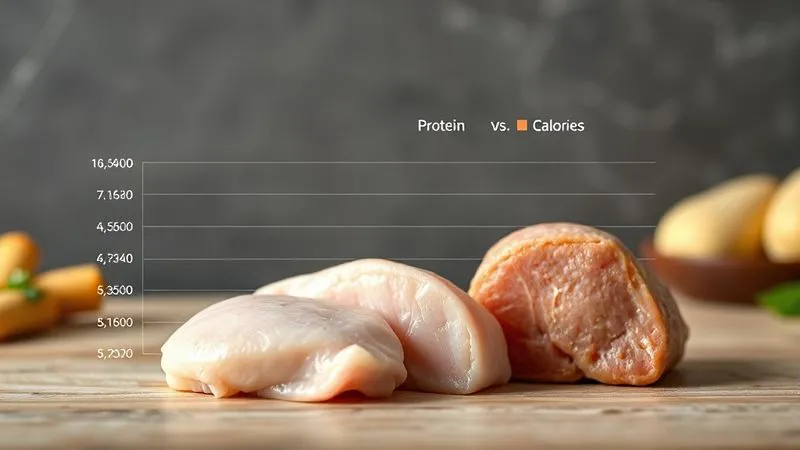 A photorealistic infographic showing a comparison of nutritional values (protein, fat, calories) of lean duck breast vs. chicken breast and turkey breast, presented as elegant bar charts with a clean, minimalist design. Cinematic lighting, sharp focus on the data, depth of field blurring the background, 8K hyper-detailed, professional photography, shot on a high-end DSLR.