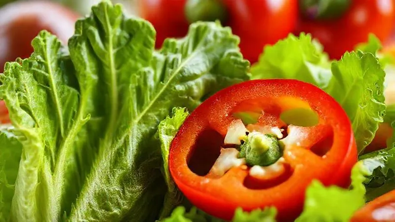 Photorealistic close-up of a perfectly dry, crisp romaine lettuce leaf next to a slice of vibrant red bell pepper, both glistening with freshness, against a blurred background of other fresh vegetables. Cinematic lighting, sharp focus, depth of field, 8K hyper-detailed, professional photography, shot on a high-end DSLR.