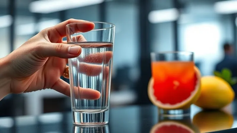 A photorealistic, professional photography, 8K, cinematic lighting, sharp focus, depth of field, shot on a high-end DSLR, of a hand holding a clear glass of water next to a half-empty glass of vibrant grapefruit juice on a desk with a blurred background of a modern office environment, symbolizing hydration and natural energy.