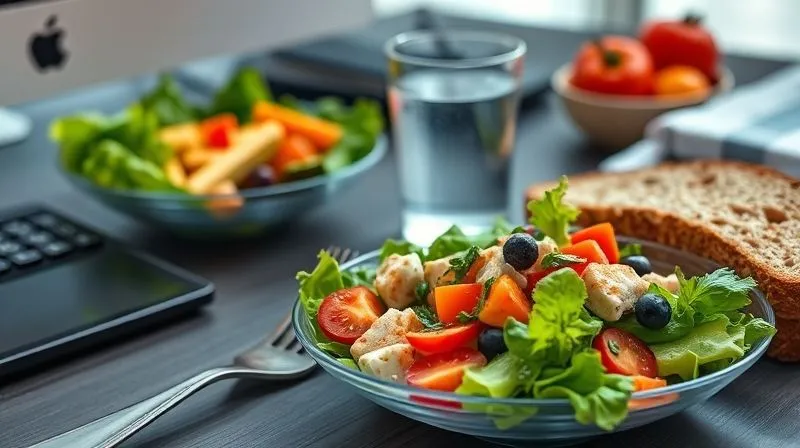 A photorealistic, professional photography, 8K, cinematic lighting, sharp focus, depth of field, shot on a high-end DSLR, of a beautifully arranged healthy lunch on a desk, featuring a colorful salad with lean protein, whole-grain bread, and a glass of water, symbolizing a balanced diet for sustained energy and focus.