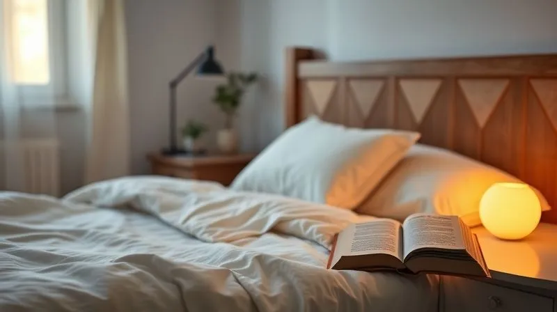 A photorealistic, professional photography, 8K, cinematic lighting, sharp focus, depth of field, shot on a high-end DSLR, of a serene bedroom in soft, warm light, with neatly made bed and a book on the nightstand, symbolizing restful sleep and a calm environment. The image should evoke peace and relaxation.