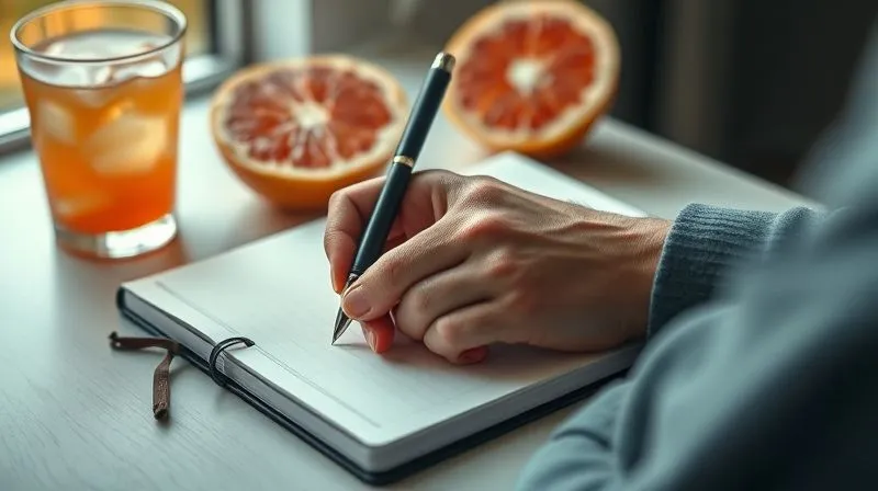 A photorealistic, professional photography, 8K, cinematic lighting, sharp focus, depth of field, shot on a high-end DSLR, of a person's hand writing in a sleek, minimalist journal with a pen, next to a glass of grapefruit juice, symbolizing self-reflection, tracking, and personal growth in productivity. The focus is on the act of writing and the journal entries.