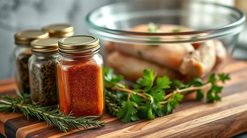 A close-up, photorealistic image of a variety of colorful spice jars and fresh herbs (rosemary, thyme, cilantro) artfully arranged on a rustic wooden cutting board, with a chicken breast marinating in a glass bowl in the background. Cinematic lighting, sharp focus on the spices, depth of field blurring the background, 8K hyper-detailed.
