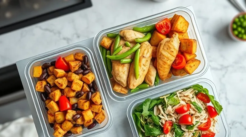 A vibrant, photorealistic overhead shot of three different meal prep containers, each filled with a colorful and diverse chicken dish. One has grilled chicken with bell peppers and black beans, another has baked chicken with roasted sweet potatoes and green beans, and the third has shredded chicken with a fresh mixed greens salad and cherry tomatoes. Bright, natural lighting, sharp focus on all elements, depth of field blurring the background of a modern kitchen. 8K hyper-detailed.