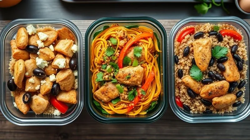 A photorealistic and professional overhead shot of three distinct chicken meal prep containers, each representing a different global cuisine. One container features Mediterranean chicken with olives, feta, and quinoa. Another showcases Asian-inspired chicken stir-fry with colorful vegetables and rice noodles. The third displays Mexican-style chicken fajita bowls with bell peppers, black beans, and brown rice. Cinematic lighting, sharp focus on the food, depth of field blurring the background of a modern kitchen. 8K hyper-detailed.