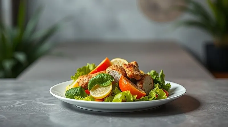Photorealistic, professional photography, 8K, cinematic lighting, sharp focus, depth of field, shot on a high-end DSLR. A vibrant, fresh chicken salad on a modern, minimalist plate, surrounded by a subtle, blurred background depicting a path or journey, symbolizing the weight loss process. The salad itself is inviting and diverse, suggesting possibilities and breaking monotony. The overall mood is hopeful and empowering.