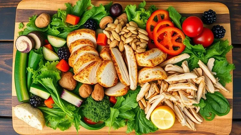Photorealistic, professional photography, 8K, cinematic lighting, sharp focus, depth of field, shot on a high-end DSLR. A vibrant, artfully arranged collage of diverse, fresh chicken salad ingredients on a large wooden board. Include various types of greens, different preparations of chicken (grilled, shredded), colorful vegetables, fruits, nuts, and seeds, all looking appetizing and ready for mixing. The composition should suggest endless possibilities and culinary creativity.