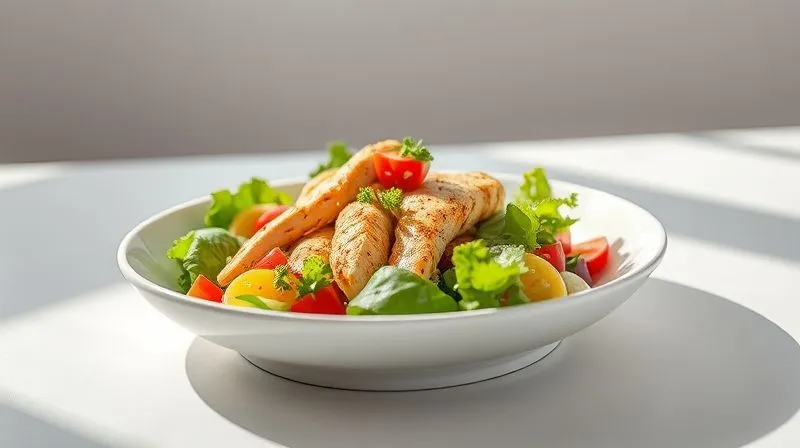 Photorealistic, professional photography, 8K, cinematic lighting, sharp focus, depth of field, shot on a high-end DSLR. A perfectly plated, gourmet chicken salad on a pristine white ceramic dish, presented with artistic precision. The ingredients are meticulously arranged by color and texture, making it look like a culinary masterpiece. Soft, natural light illuminates the dish, highlighting its freshness and appeal. The background is clean and minimalistic, emphasizing the beauty of the food.