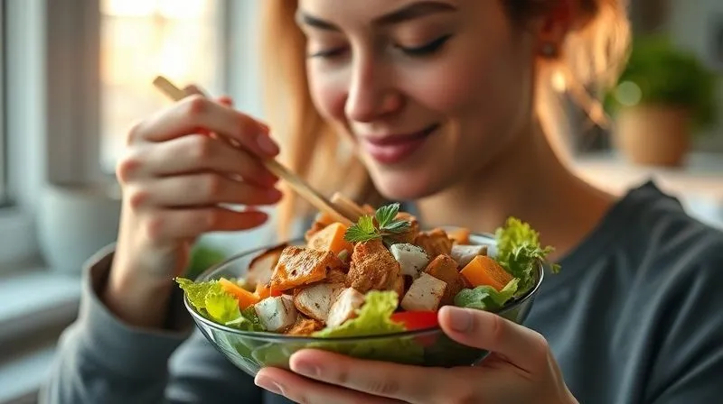 Photorealistic, professional photography, 8K, cinematic lighting, sharp focus, depth of field, shot on a high-end DSLR. A serene image of a person mindfully eating a vibrant chicken salad, with a gentle smile, eyes closed in concentration, experiencing the flavors. The setting is calm and natural, perhaps by a window with soft light. The focus is on the emotional connection to food and self-care, with blurred elements of healthy ingredients in the background.