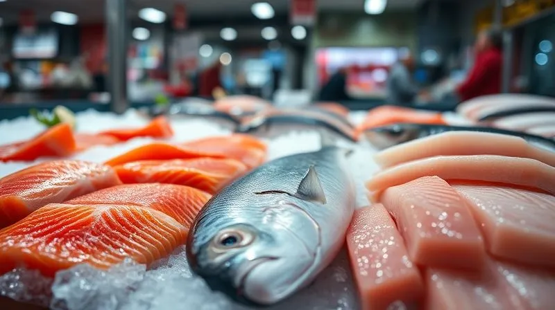 Photorealistic, professional photography, 8K, cinematic lighting, sharp focus on a selection of fresh, raw fish fillets on ice at a fish market, including vibrant salmon, glistening mackerel, and lean cod, with clear distinctions between the types. Depth of field softly blurs the background of a bustling market, conveying freshness and abundance. Shot on a high-end DSLR.