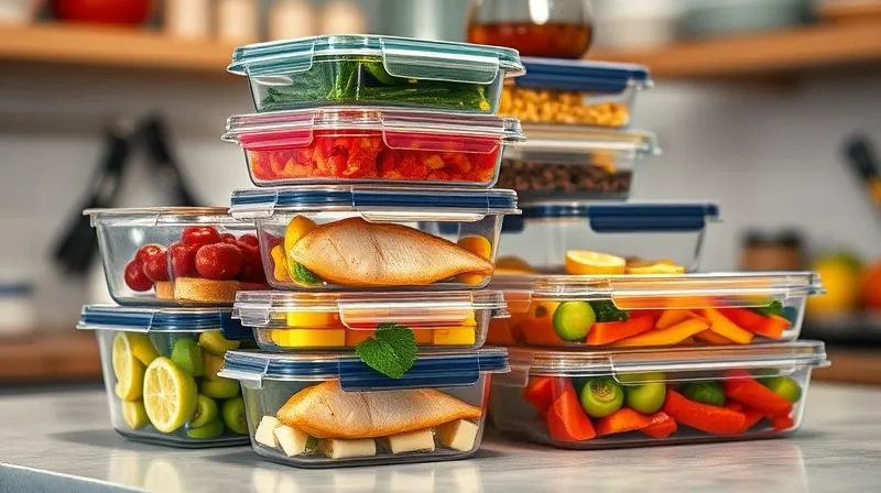 Photorealistic, professional photography, 8K, cinematic lighting, sharp focus on various types of airtight food containers made of glass and BPA-free plastic, neatly stacked on a kitchen counter. Some containers are open, showing perfectly cooked fish fillets and fresh vegetables inside. Depth of field softly blurs the background, creating a clean, organized aesthetic. Shot on a high-end DSLR.