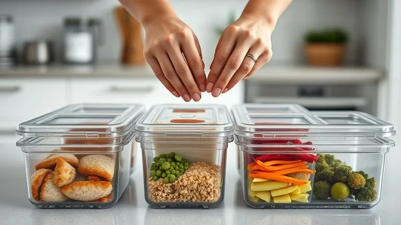 Photorealistic, professional photography, 8K, cinematic lighting, sharp focus on a perfectly organized meal prep station in a modern kitchen. Multiple clear glass lunchboxes are filled with different healthy meals, including flaky fish fillets, quinoa, and vibrant roasted vegetables. Hands are visible, carefully closing one of the lunchboxes. Depth of field softly blurs the background, creating an inviting and efficient atmosphere. Shot on a high-end DSLR.