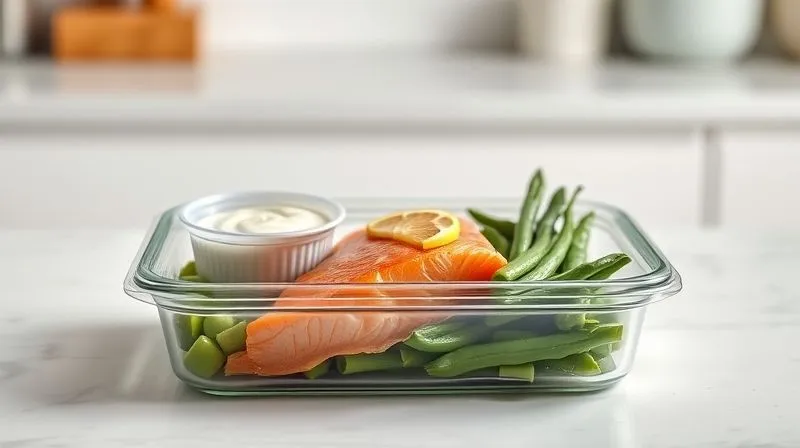 Photorealistic, professional photography of a neatly packed glass lunchbox with perfectly cooked salmon fillet, a small container of dill-yogurt sauce, and fresh steamed green beans. The lunchbox is tightly sealed, sitting on a clean, minimalist kitchen counter with soft, diffused natural light. Sharp focus on the meal, depth of field blurring the background. 8K hyper-detailed, shot on a high-end DSLR, conveying freshness and organized meal prep.
