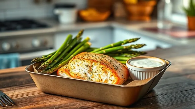 Photorealistic, professional photography of a deconstructed lunchbox on a rustic wooden table, showcasing a perfectly baked salmon fillet with a golden crust, a side of vibrant roasted asparagus, and a small ceramic bowl of creamy lemon-dill sauce. The background is a gently blurred, sunlit kitchen. Sharp focus on the food, depth of field. 8K hyper-detailed, shot on a high-end DSLR, emphasizing healthy gourmet meal prep.