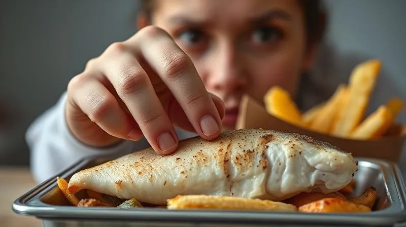 Photorealistic, professional photography of a person's hand gently touching a piece of overcooked, dry white fish (like cod) in a lunchbox, with a look of disappointment on their blurred face in the background. The lighting is harsh and unflattering, emphasizing the lack of moisture. Sharp focus on the dry fish, depth of field. 8K hyper-detailed, shot on a high-end DSLR, conveying a common meal prep mistake and its negative outcome.