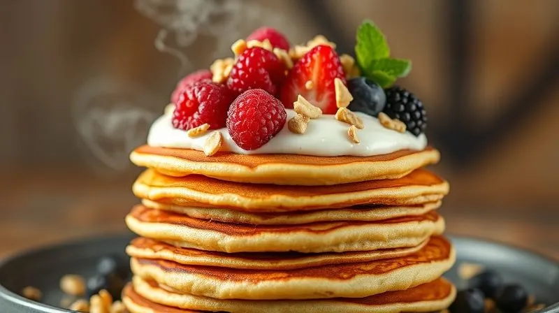 A photorealistic image of a stack of fluffy vegan fitness pancakes, generously topped with a creamy plant-based protein yogurt, fresh vibrant berries, and a sprinkle of chopped nuts and seeds. The pancakes are golden brown, steam gently rising, suggesting warmth and freshness. Cinematic lighting highlights the textures, sharp focus on the toppings, depth of field blurring the background, 8K hyper-detailed, professional photography, shot on a high-end DSLR.