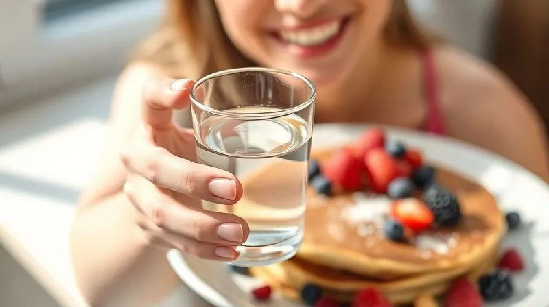 A photorealistic image of a person smiling, holding a glass of water, with a plate of vegan fitness pancakes with berries and nuts in the background. The scene is bright and airy, suggesting a healthy morning routine. Cinematic lighting, sharp focus on the person and glass, depth of field blurring the background, 8K hyper-detailed, professional photography, shot on a high-end DSLR.