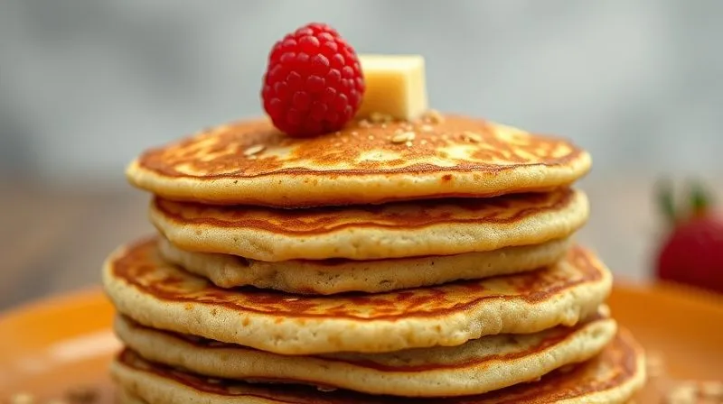 A photorealistic close-up image of a stack of golden-brown vegan fitness pancakes, beautifully textured with visible oat flakes and flax seeds. A delicate steam rises from the top pancake, indicating warmth. The pancakes are garnished with a minimalist sprinkle of hemp seeds and a single fresh raspberry. Cinematic lighting, sharp focus on the top pancake, depth of field blurring the background, 8K hyper-detailed, professional photography, shot on a high-end DSLR.