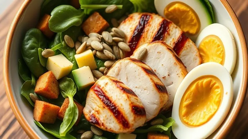 Photorealistic, professional photography, 8K, cinematic lighting, sharp focus, depth of field, shot on a high-end DSLR. A close-up of a vibrant bowl filled with a low-carb protein salad, featuring perfectly grilled chicken breast slices, creamy avocado cubes, glistening hard-boiled egg halves, and a sprinkle of pumpkin seeds, all resting on a bed of fresh spinach and mixed greens. The light emphasizes the textures and freshness of the ingredients, conveying a sense of nourishing abundance.