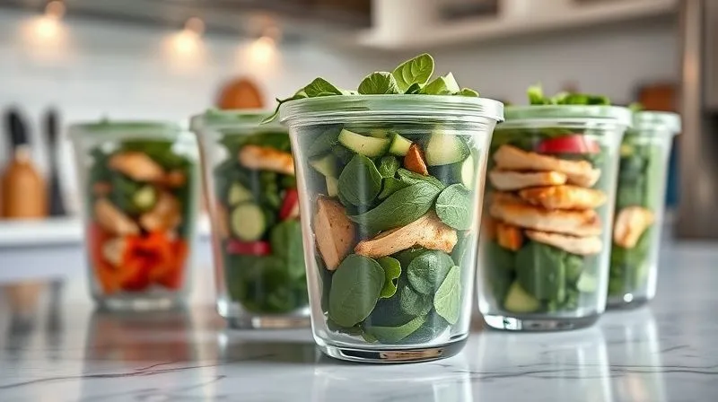 Photorealistic, professional photography, 8K, cinematic lighting, sharp focus, depth of field, shot on a high-end DSLR. A kitchen counter with neatly arranged glass meal prep containers, each filled with layered ingredients for a low-carb protein salad: dressing at the bottom, followed by chopped bell peppers, cucumbers, grilled chicken, and a top layer of fresh spinach and arugula. The scene is bright and organized, conveying efficiency and healthy living.
