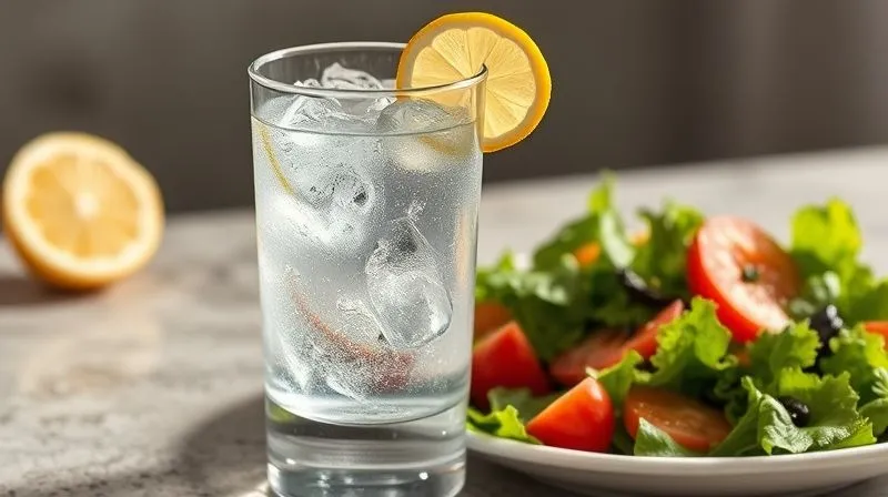 Photorealistic, professional photography, 8K, cinematic lighting, sharp focus, depth of field, shot on a high-end DSLR. A clear glass of fresh water with ice and a slice of lemon, placed elegantly next to a vibrant low-carb protein salad. The scene highlights the refreshing quality of water and its importance alongside a healthy meal, with soft, natural light illuminating both elements.
