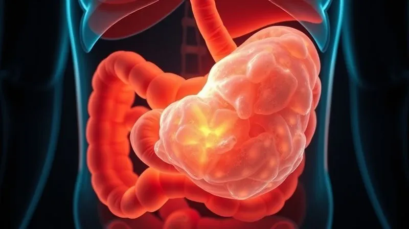 Photorealistic image of a cross-section of a human stomach with a glowing, gel-like substance representing soluble fiber, slowly being digested, showing a scientific yet appealing representation of satiety mechanisms. Cinematic lighting, sharp focus, depth of field, 8K, professional photography, shot on a high-end DSLR.