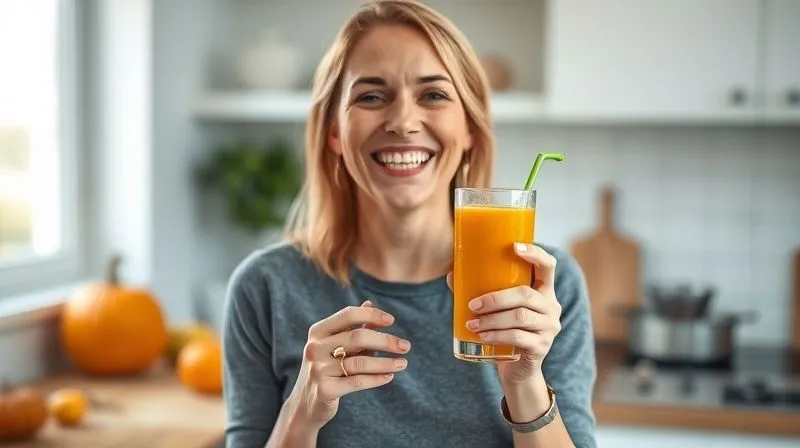 A photorealistic image of a joyful woman, around 35-40 years old, holding a glass of vibrant pumpkin juice, looking visibly slimmer and healthier. She is in a bright, modern kitchen, with a subtle background blur, conveying a sense of achievement and well-being. Professional photography, 8K, cinematic lighting, sharp focus, depth of field, shot on a high-end DSLR.