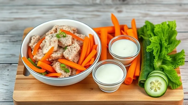 Photorealistic image showing various fresh ingredients for a tuna tortilla. On a clean wooden board, there's a bowl of perfectly drained tuna, vibrant bell pepper strips, julienned carrots, and cucumber slices with the watery core removed. Beside them are small, elegant glass containers holding a creamy sauce and a few crisp lettuce leaves. The composition is bright, organized, and emphasizes freshness and preparation. Shot on a high-end DSLR, 8K, cinematic lighting, sharp focus, depth of field.