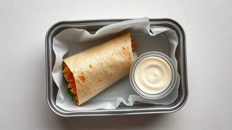 Photorealistic image showing a neatly packed lunchbox. Inside, a perfectly wrapped tuna tortilla is visible, first in parchment paper, then in plastic wrap. Next to it, a small, leak-proof container holds a creamy dressing. The lunchbox itself is sleek and modern, placed on a light, textured surface. The scene emphasizes organization and care in food preparation. Shot on a high-end DSLR, 8K, cinematic lighting, sharp focus, depth of field.