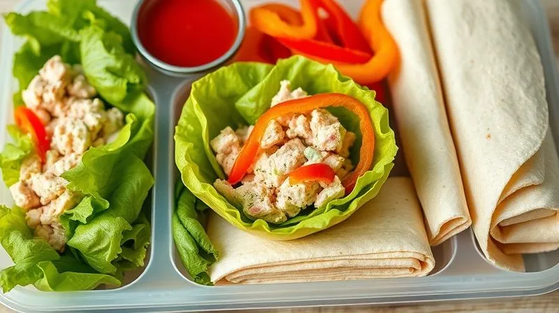 Photorealistic image of a deconstructed tuna tortilla lunchbox. Various fresh ingredients are neatly separated in compartments: perfectly drained tuna salad, crisp lettuce leaves, colorful bell pepper strips, and a small container of sauce. A stack of fresh, unrolled tortillas is placed in a separate section, ready for assembly. The overall impression is organized, fresh, and healthy. Shot on a high-end DSLR, 8K, cinematic lighting, sharp focus, depth of field.