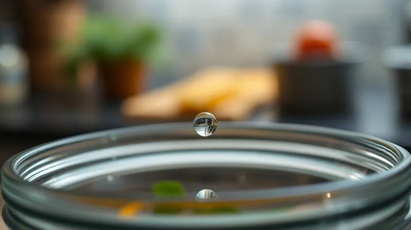 A photorealistic close-up of a small, translucent droplet of condensation forming on the inside lid of a glass food container, with a blurred background of a kitchen counter, cinematic lighting, sharp focus, 8K hyper-detailed, shot on a high-end DSLR.