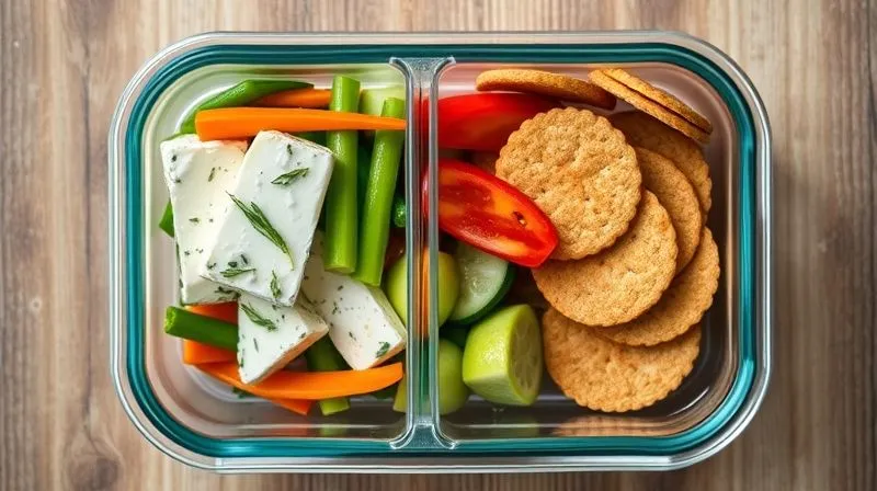 A photorealistic, top-down view of a modern, multi-compartment glass lunchbox filled with fresh, vibrant ingredients. One compartment holds herb cottage cheese, another crisp vegetables, and a third whole-grain crackers. The compartments are clearly separated, sharp focus on the food, cinematic lighting, 8K hyper-detailed, shot on a high-end DSLR.