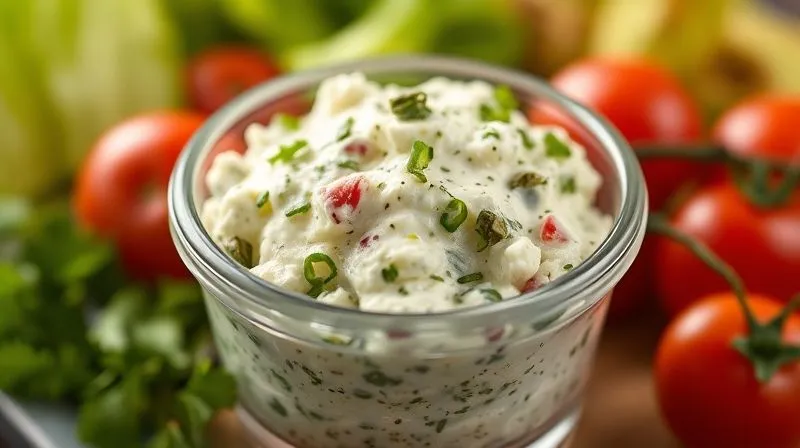 A photorealistic, vibrant close-up of a perfectly mixed herb cottage cheese in a small, glass container, with fresh green herbs and red cherry tomatoes visible. The background is slightly blurred with other healthy lunchbox components. Cinematic lighting, sharp focus, 8K hyper-detailed, shot on a high-end DSLR.