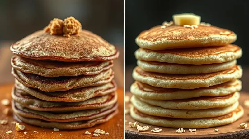 photorealistic, professional photography, 8K, cinematic lighting, sharp focus, depth of field. On the left, a stack of visibly dry, crumbly oatmeal pancakes with cracked edges. On the right, a stack of perfectly moist, fluffy, golden-brown oatmeal pancakes with a soft, inviting texture. The contrast highlights the problem and the desired outcome. Shot on a high-end DSLR.