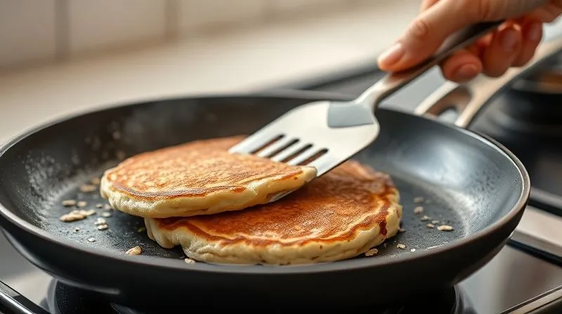 A close-up, photorealistic, professional photography, 8K, cinematic lighting, sharp focus on a golden-brown oatmeal pancake sizzling gently on a non-stick pan. Subtle steam rises from the edges. A hand is gently flipping the pancake with a spatula. The background is blurred, showing a modern kitchen setting. Shot on a high-end DSLR, emphasizing the perfect cooking stage.