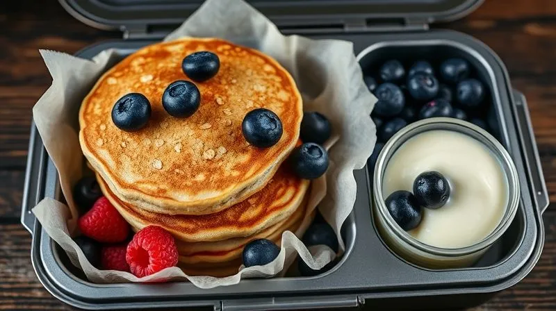A professional, photorealistic photography, 8K, cinematic lighting, sharp focus on an open fit lunchbox. Inside, perfectly moist oatmeal pancakes are neatly stacked, separated by parchment paper. Adjacent compartments contain vibrant fresh berries (blueberries, raspberries) and a small, elegant container of creamy Greek yogurt drizzle. The composition is clean, healthy, and appetizing, with soft, natural light. Shot on a high-end DSLR, emphasizing freshness and convenience.