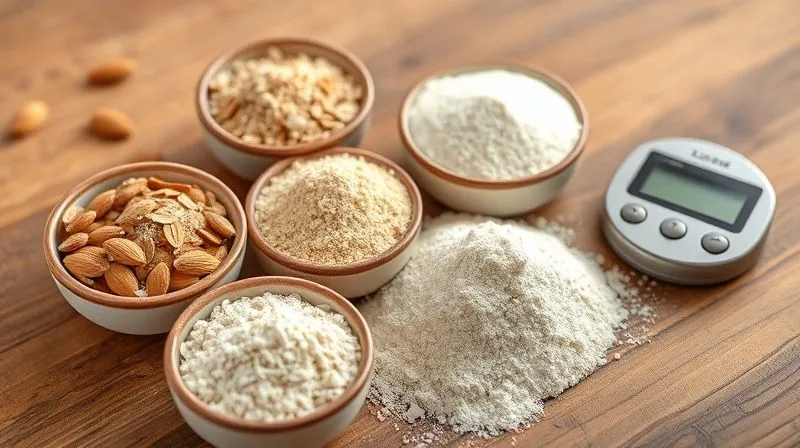 photorealistic, professional photography, 8K, cinematic lighting, sharp focus, depth of field, shot on a high-end DSLR, various gluten-free flours (almond, oat, rice, tapioca) artfully arranged in small ceramic bowls on a wooden table, emphasizing their different textures and colors, with a small digital kitchen scale nearby, conveying precision and understanding of ingredients in healthy baking.