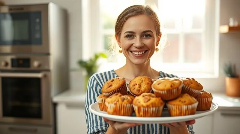 photorealistic, professional photography, 8K, cinematic lighting, sharp focus, depth of field, shot on a high-end DSLR, a happy woman (Ola) holding a plate of perfectly baked, moist gluten-free low-calorie muffins, smiling genuinely in a bright, modern kitchen, sun shining through the window, conveying success and satisfaction with healthy baking.