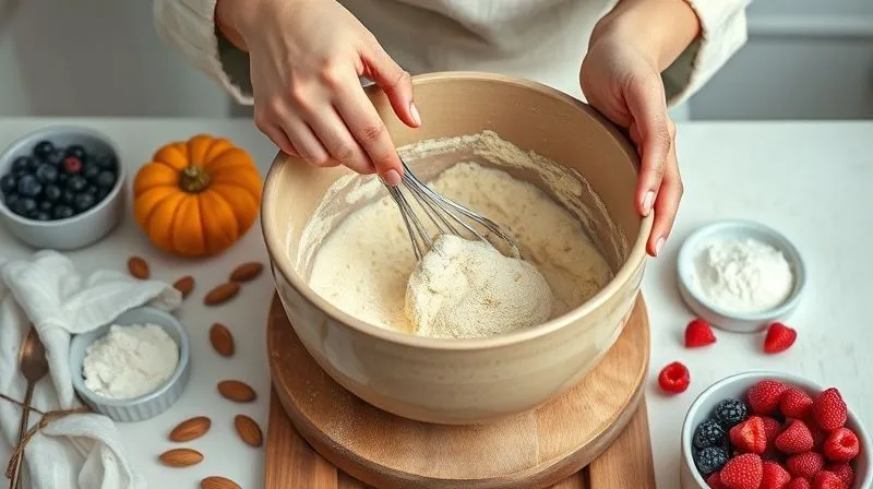 photorealistic, professional photography, 8K, cinematic lighting, sharp focus, depth of field, shot on a high-end DSLR, a baking scene with hands carefully mixing ingredients for gluten-free muffins in a large ceramic bowl, surrounded by fresh ingredients like pumpkin puree, almond flour, and vibrant berries, conveying precision and the joy of healthy baking in a warm kitchen setting.