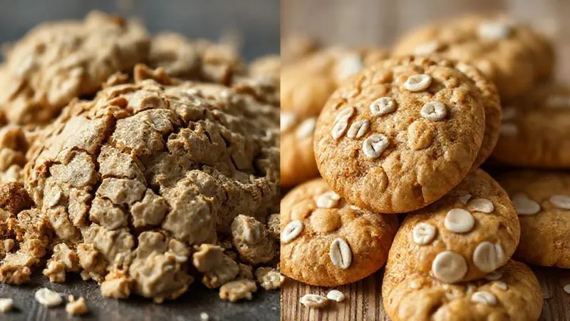 Photorealistic, professional photography, 8K, cinematic lighting, sharp focus, depth of field, shot on a high-end DSLR. A split image showing two piles of oat cookies. On the left, very dry, cracked, and crumbly oat cookies, looking unappetizing. On the right, perfectly moist, slightly glistening, golden-brown oat cookies, with a soft texture visible, inviting and delicious. The contrast clearly illustrates the problem and desired outcome.