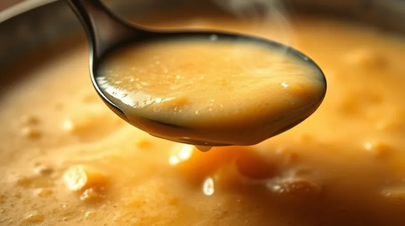 A close-up, photorealistic image of a spoon scooping a rich, creamy soup, showing its thick texture and steam, but with a vibrant, healthy color. Cinematic lighting, sharp focus.