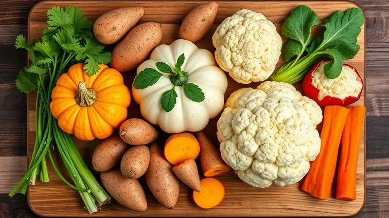 A vibrant, photorealistic flat lay of fresh, colorful vegetables like pumpkin, sweet potatoes, and cauliflower, neatly arranged on a rustic wooden board, ready for soup preparation. Professional photography, natural light.
