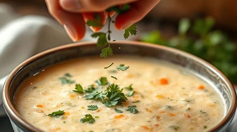 A close-up, photorealistic image of a hand sprinkling fresh herbs (like cilantro or parsley) over a steaming bowl of vegetable cream soup. Sharp focus on the herbs and soup, soft background. Professional photography.